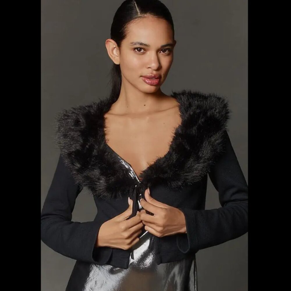 Brand New Maeve Faux-Fur Collar Cropped Cardigan Sweater
